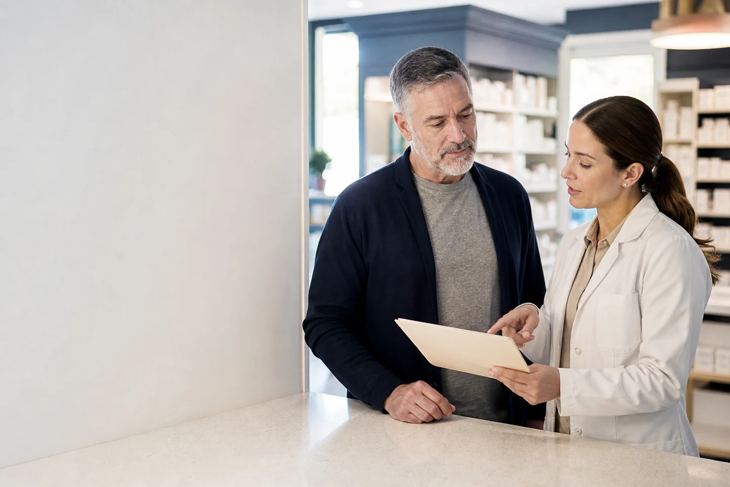 Man reviewing an avanafil prescription and pharmacy process with a pharmacist
