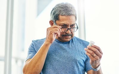 Elderly man reading a medication bottle label