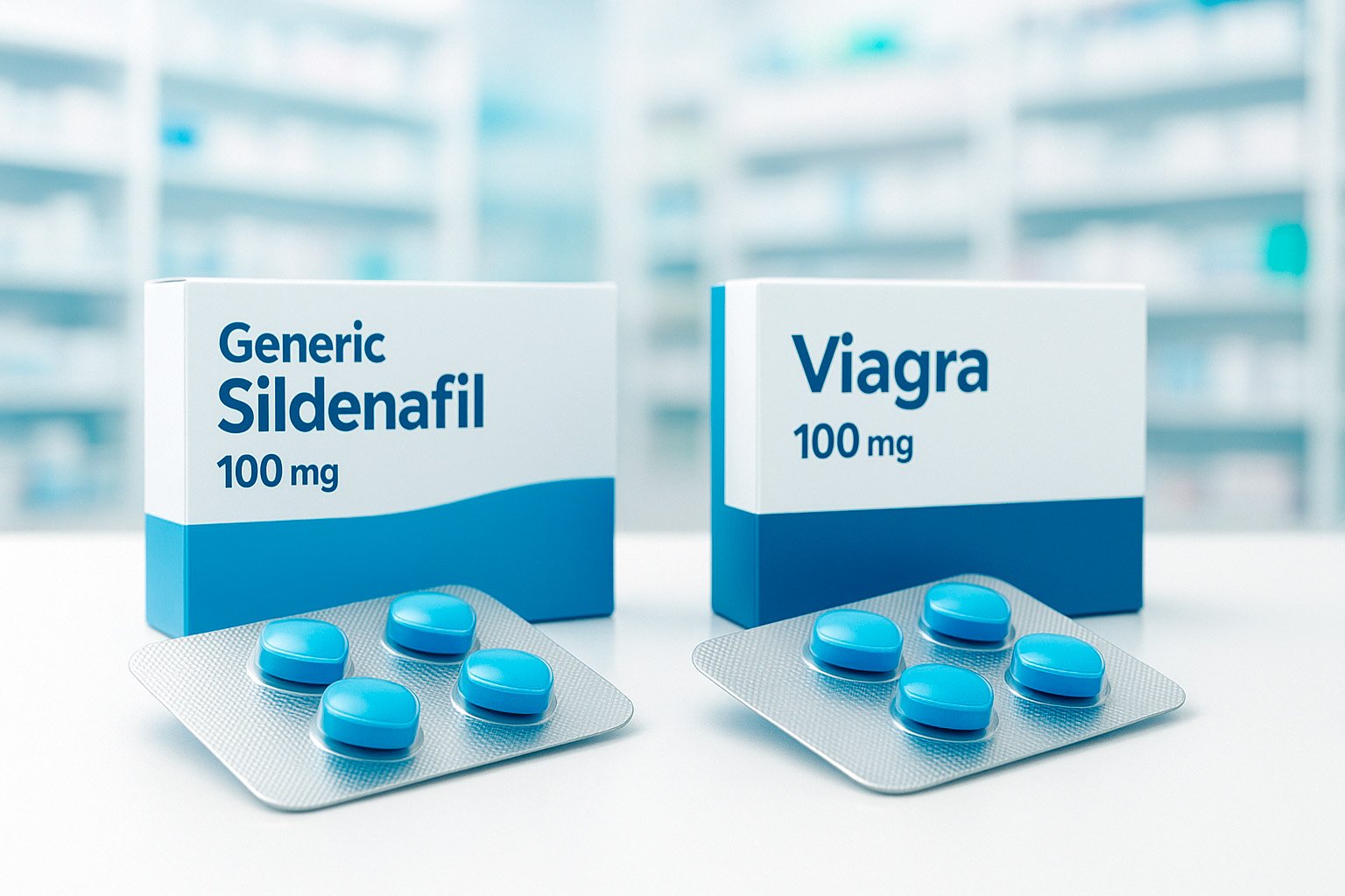 Generic sildenafil vs Viagra comparison hero image pills box