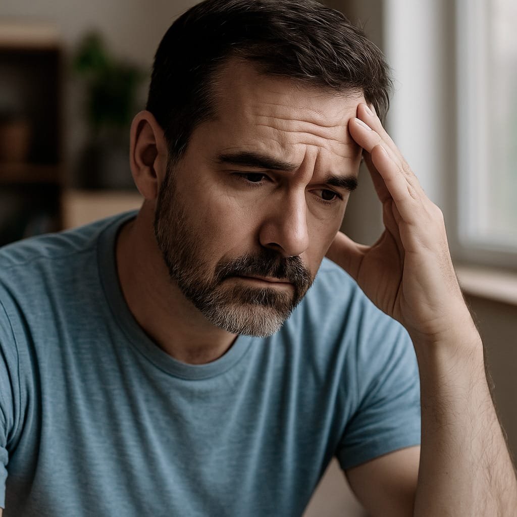 Middle-aged man sitting on a sofa in natural light, looking thoughtful and tired, symbolizing low testosterone symptoms