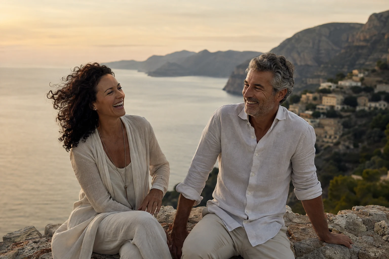 Couple laughing together above the Mediterranean coast at dusk