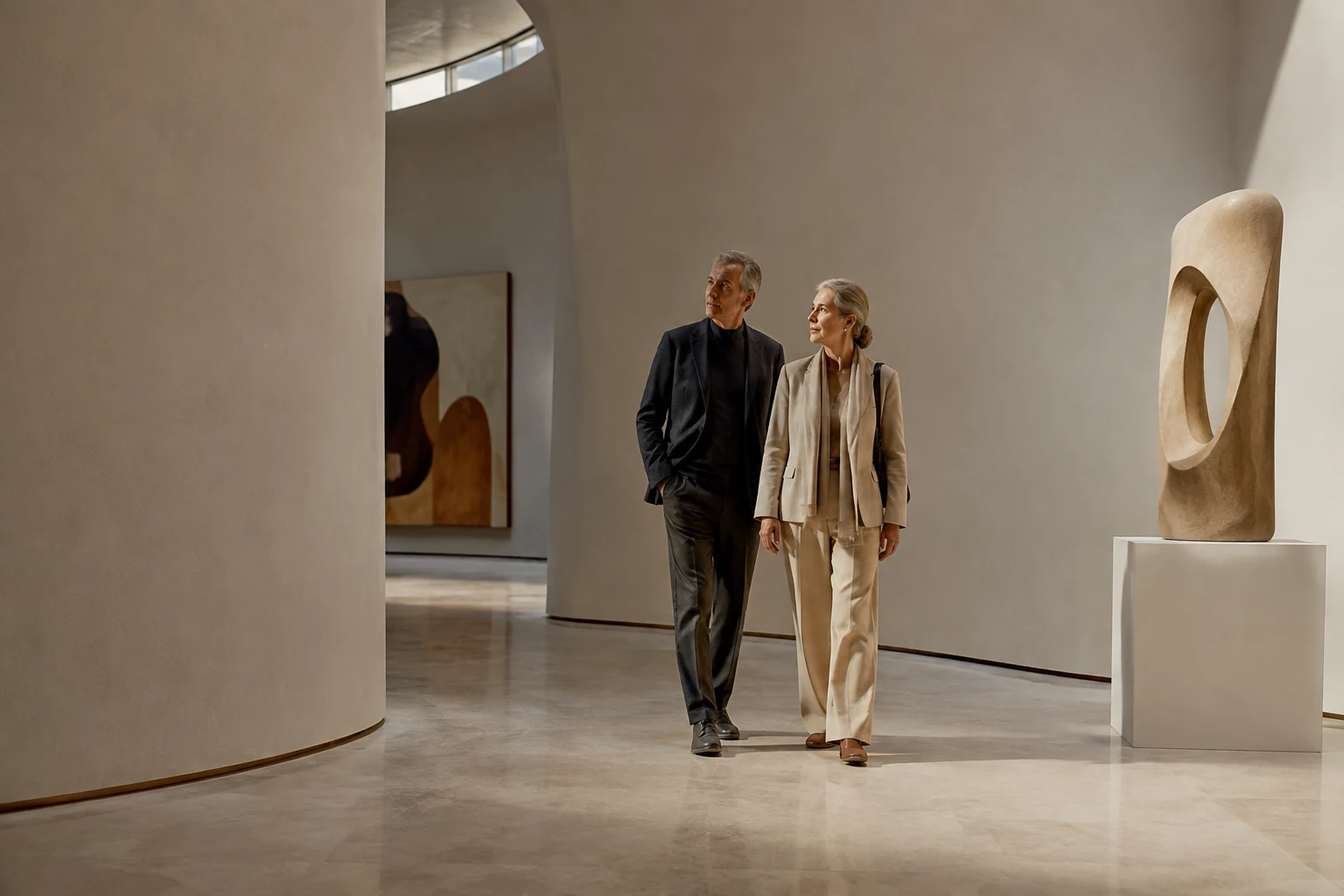 Mature couple exploring a contemporary sculpture gallery