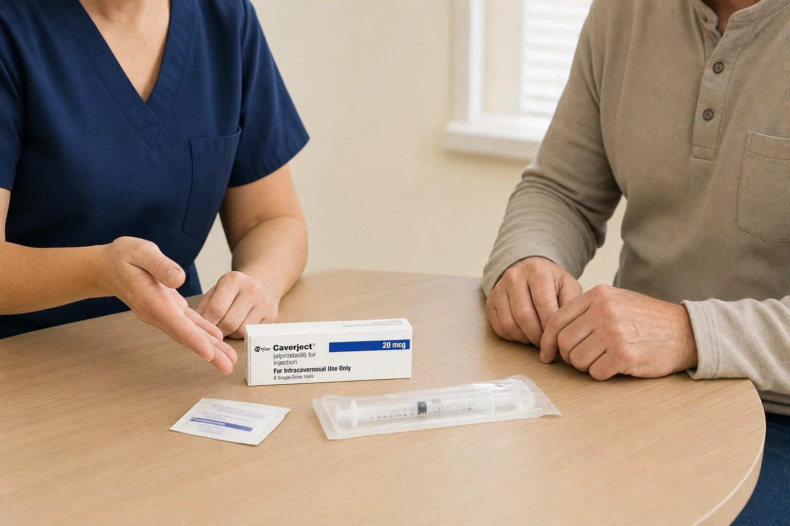 A nurse discusses an unopened Caverject carton and wrapped supplies with an adult patient.