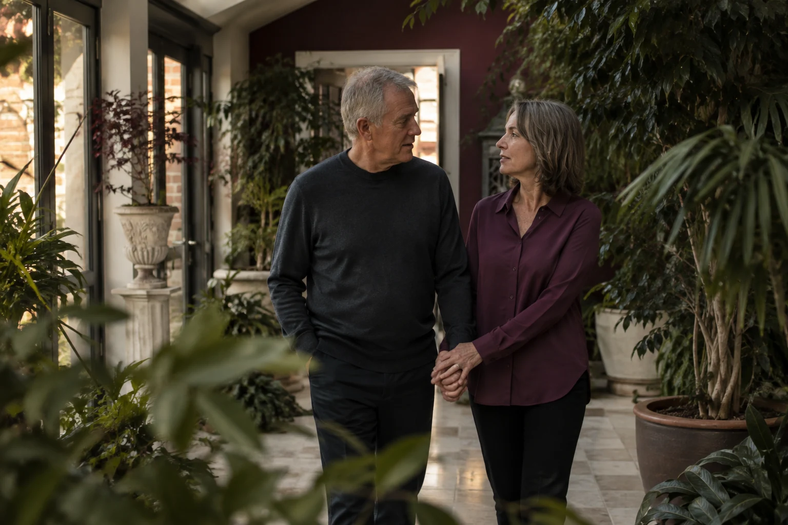 A mature couple share a quiet conversation while walking through a conservatory.