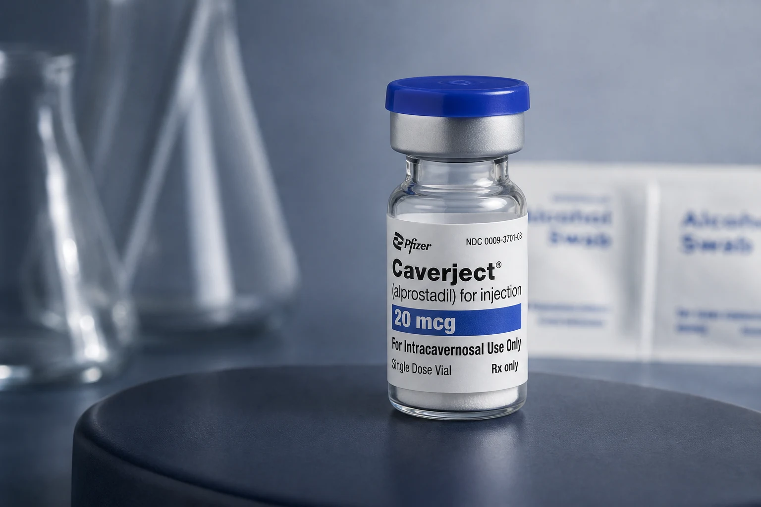 Caverject alprostadil 20 mcg single-dose vial on a slate-blue display surface.