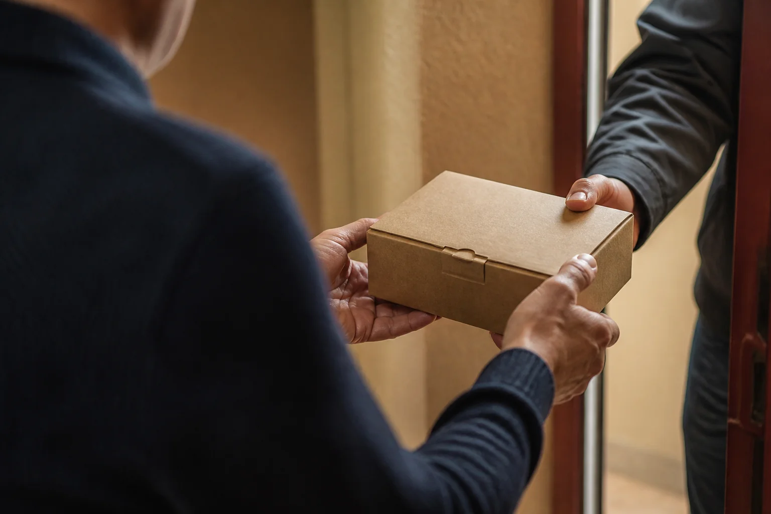 An adult receiving a plain parcel by hand at an open apartment door