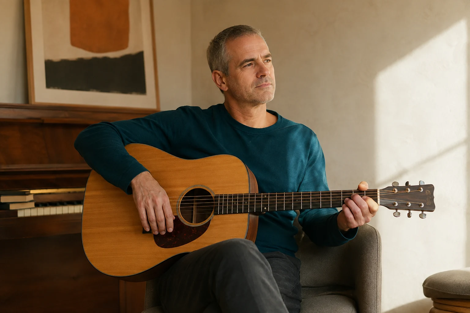 Adult man resting an acoustic guitar on his lap in a sunlit music room