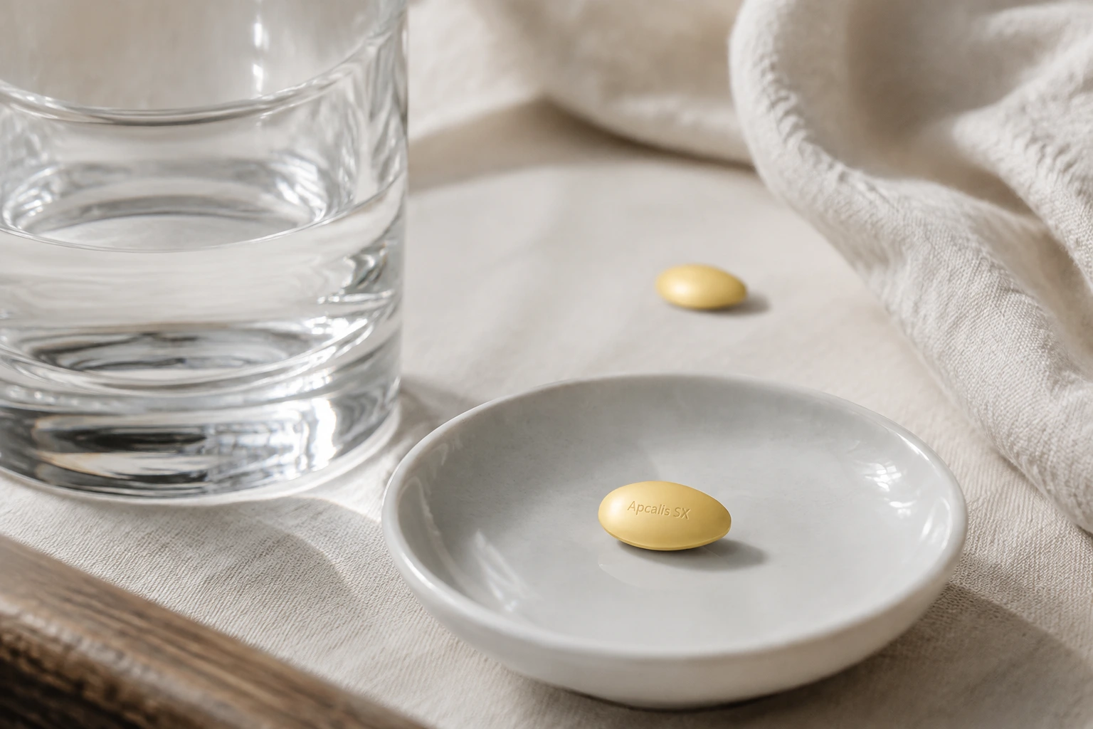 Apcalis SX tablet on a ceramic dish beside a glass of water