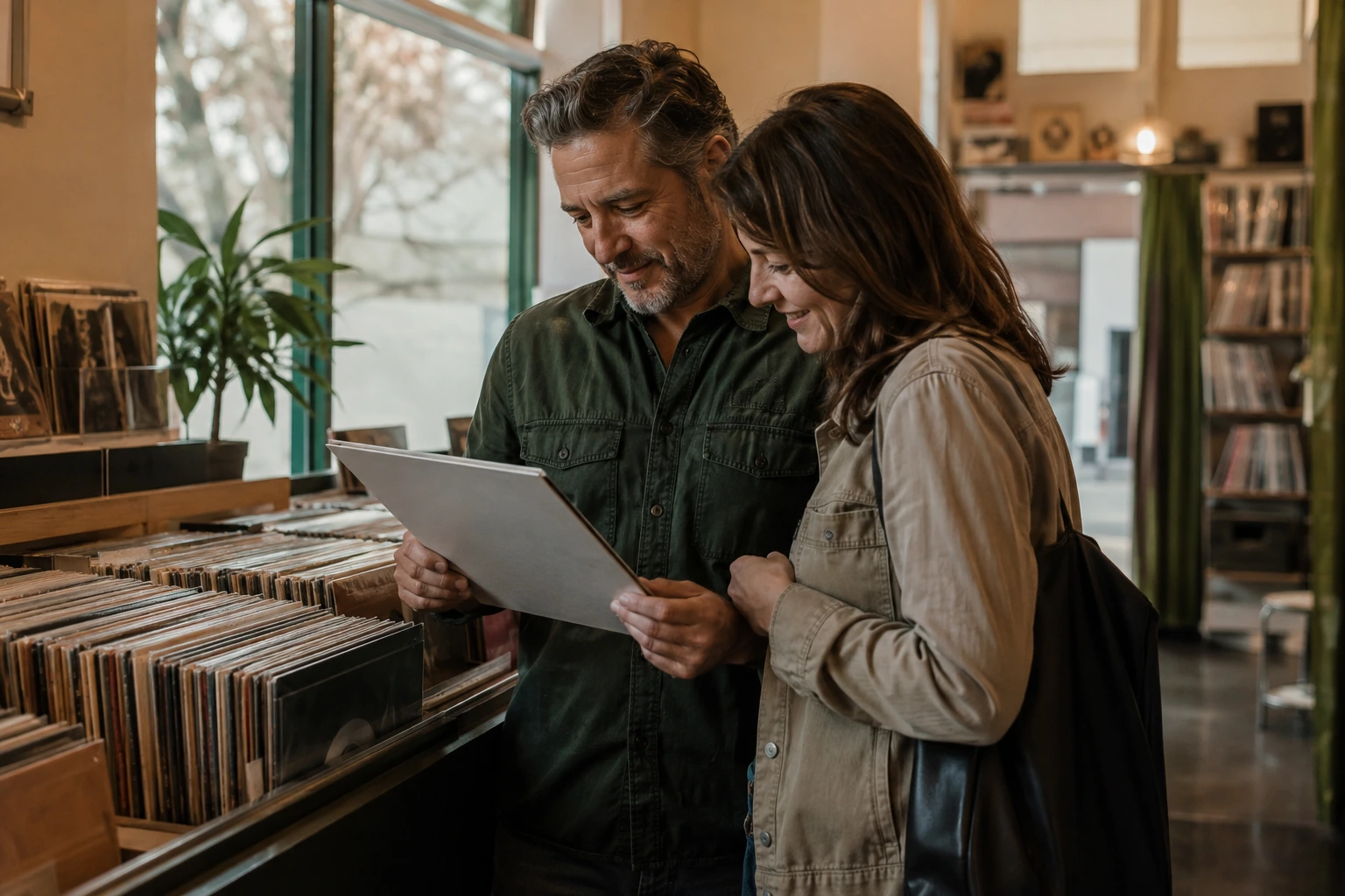 Mature couple browsing records together in a record shop