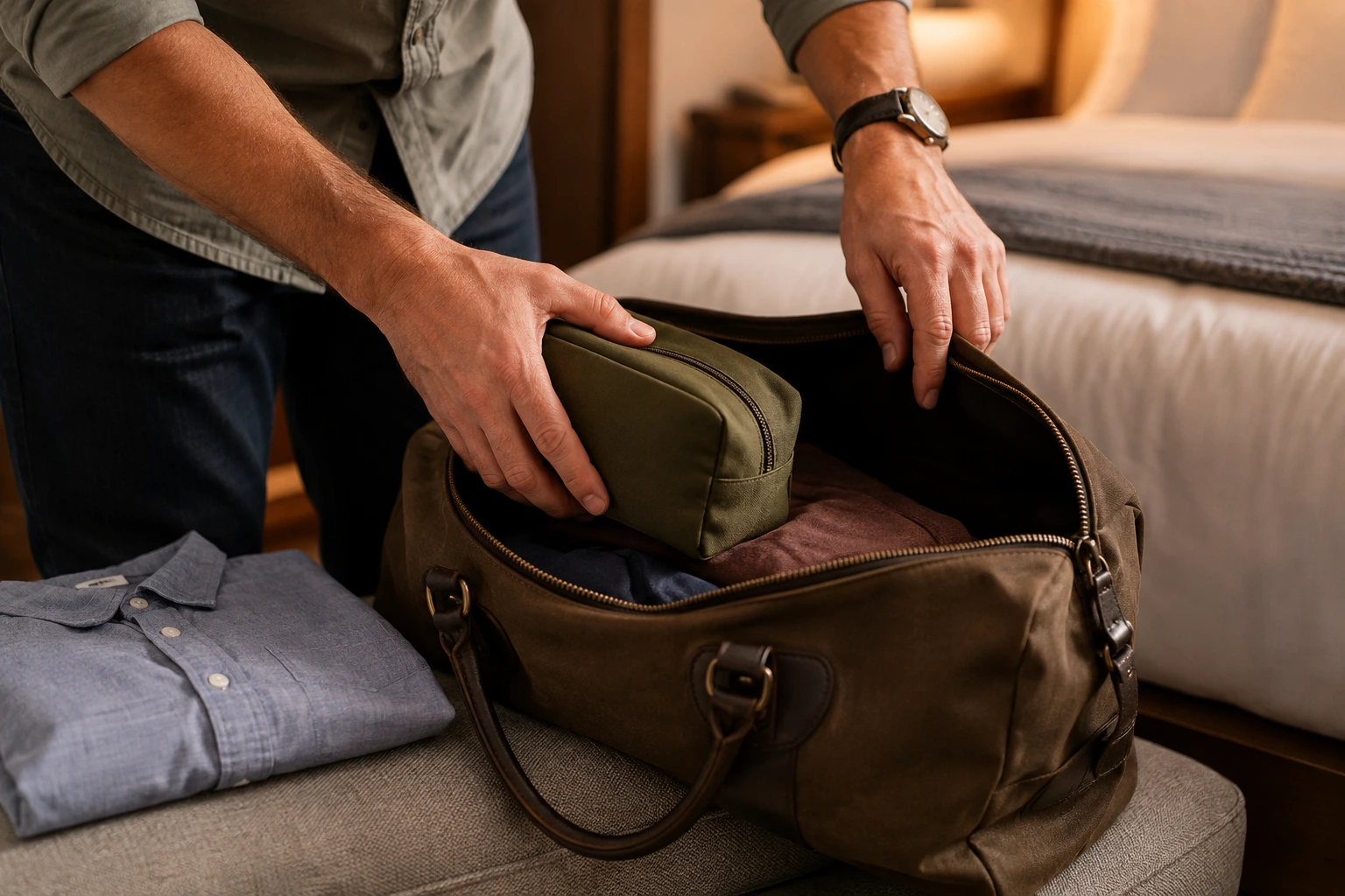Man packing a small toiletry pouch into a weekender bag