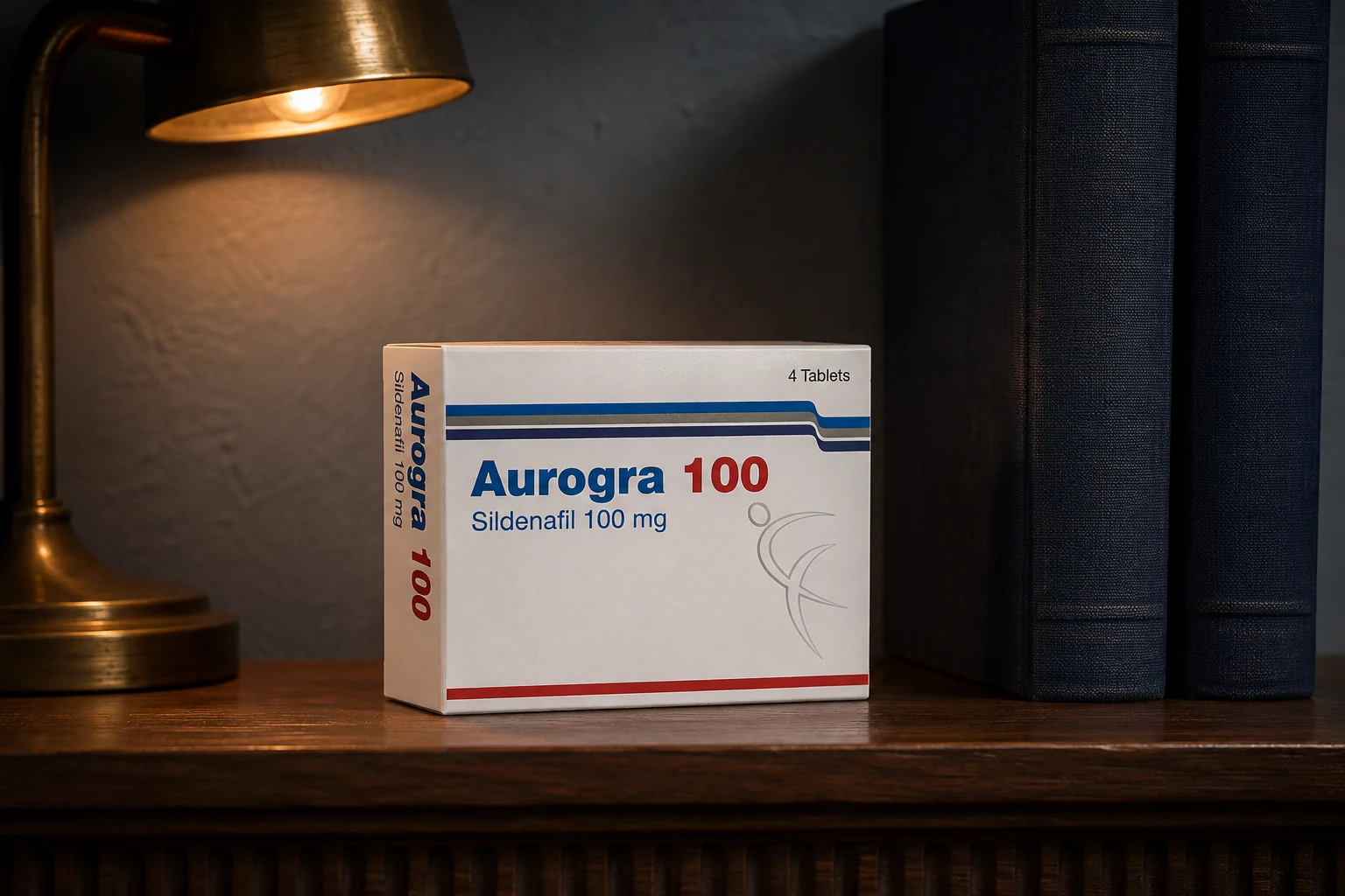 Aurogra 100 sildenafil carton beside navy books under a brass reading lamp