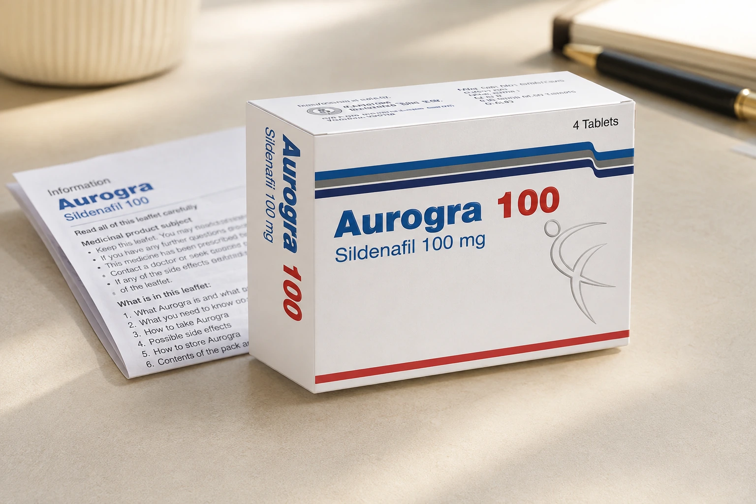 Aurogra 100 carton beside a folded information leaflet