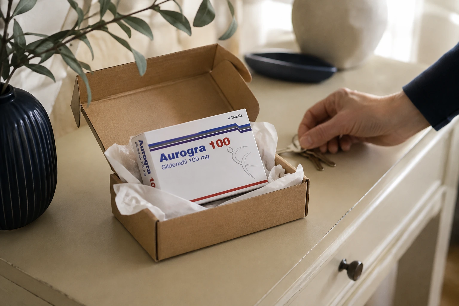 Aurogra carton inside a small delivery box