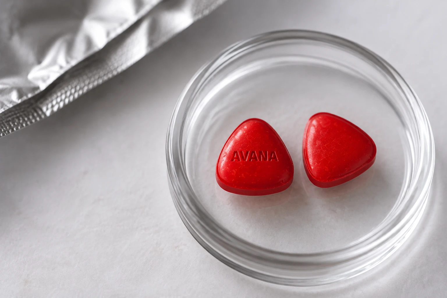 Close view of red rounded triangular Avana tablets on a glass dish