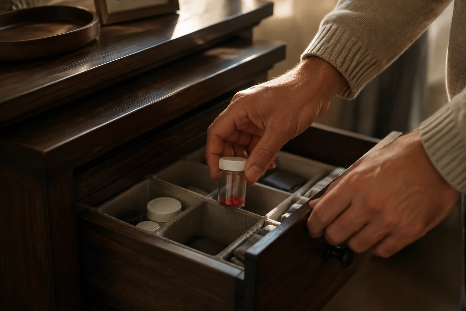 Adult hands putting a closed medicine container into a home storage drawer