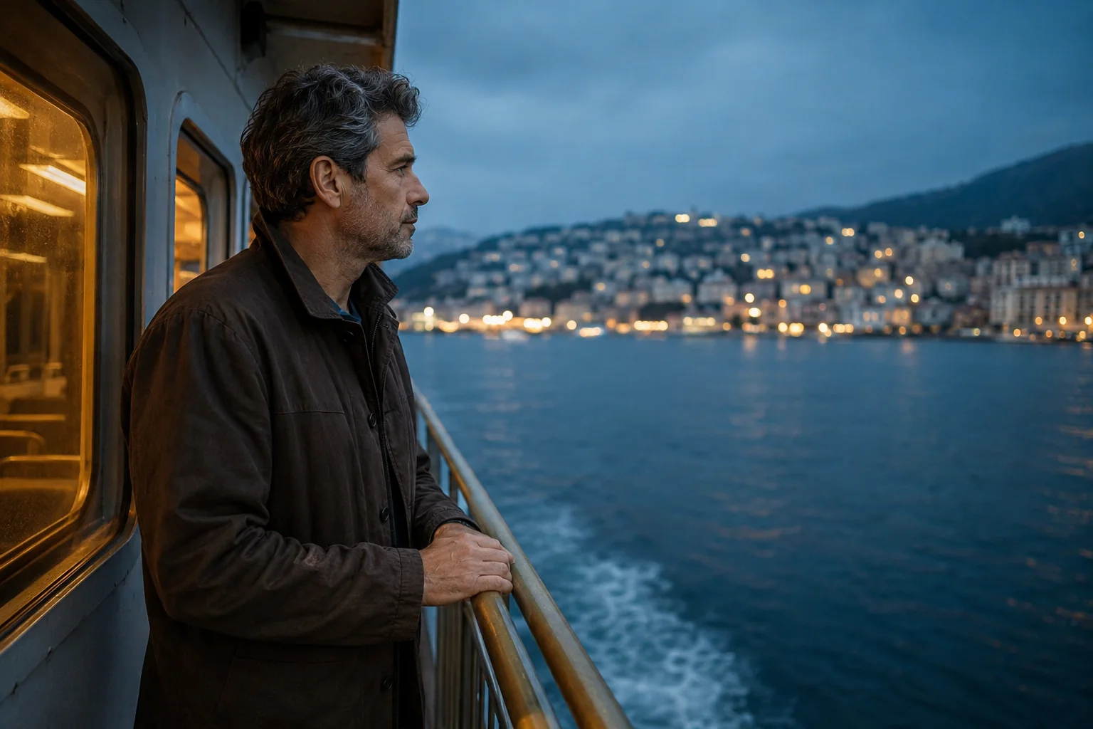A man standing beside the railing of a passenger ferry overlooking a coastal town at dusk