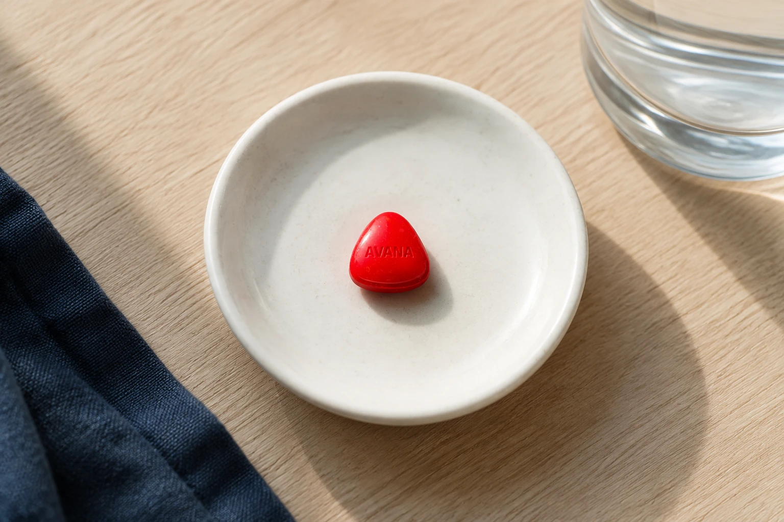 A red Avana tablet on a small white dish beside a glass of water