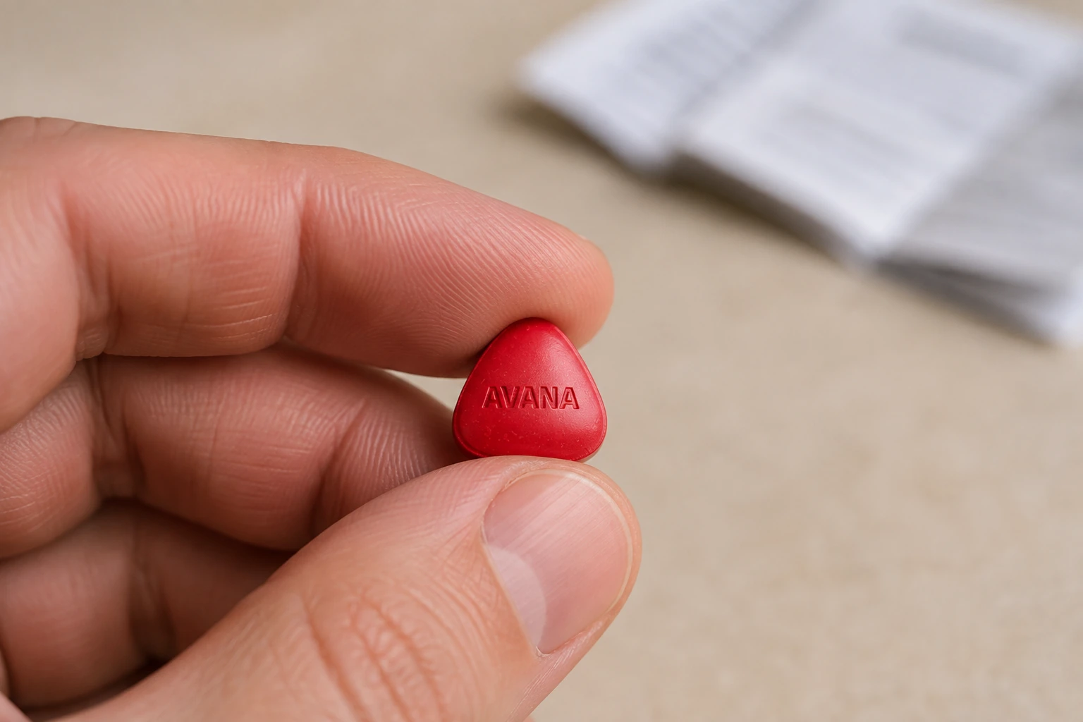 A hand holding a red Avana tablet with its lettering visible