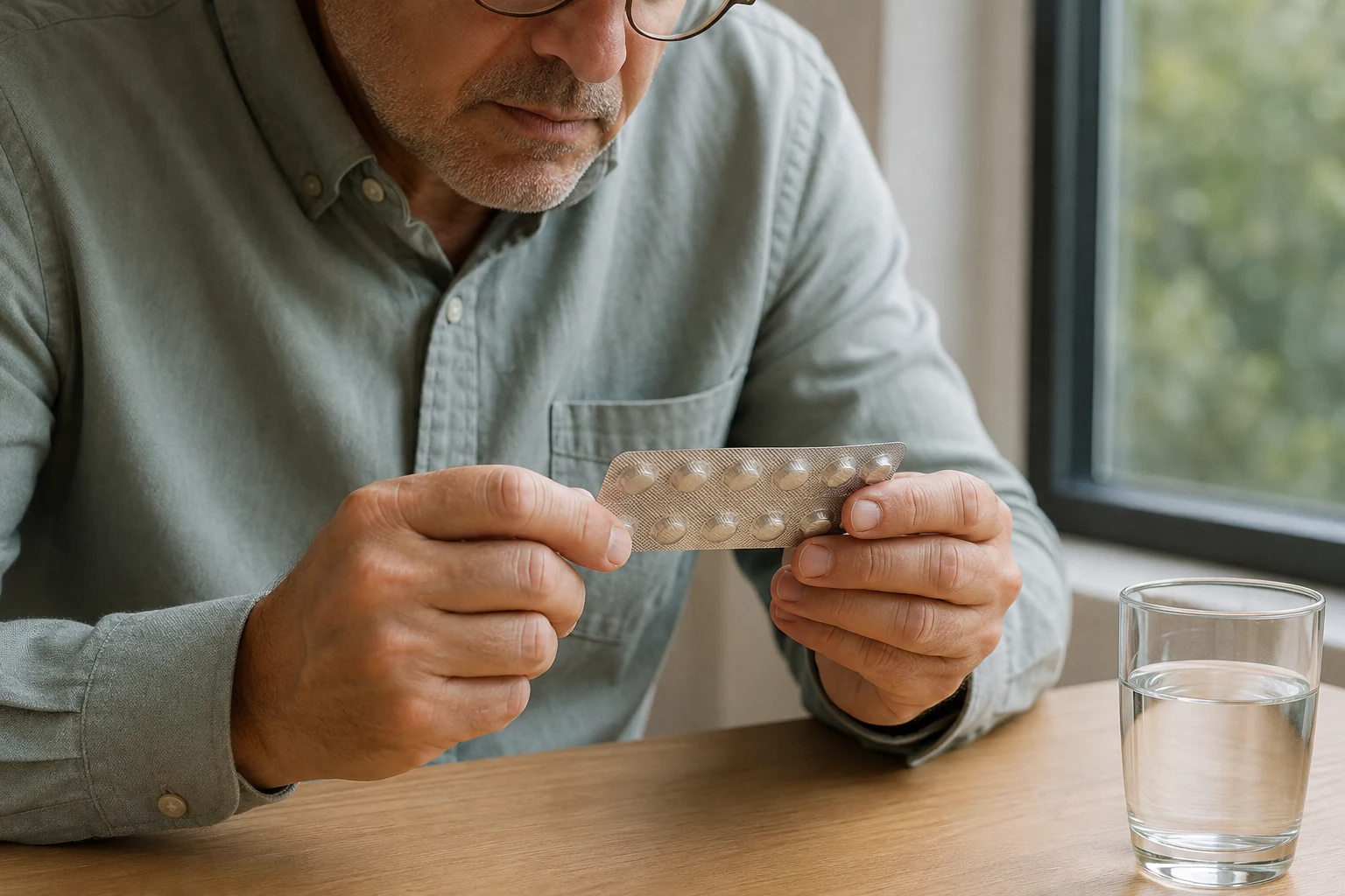 A man examines an intact silver blister strip beside a glass of water.
