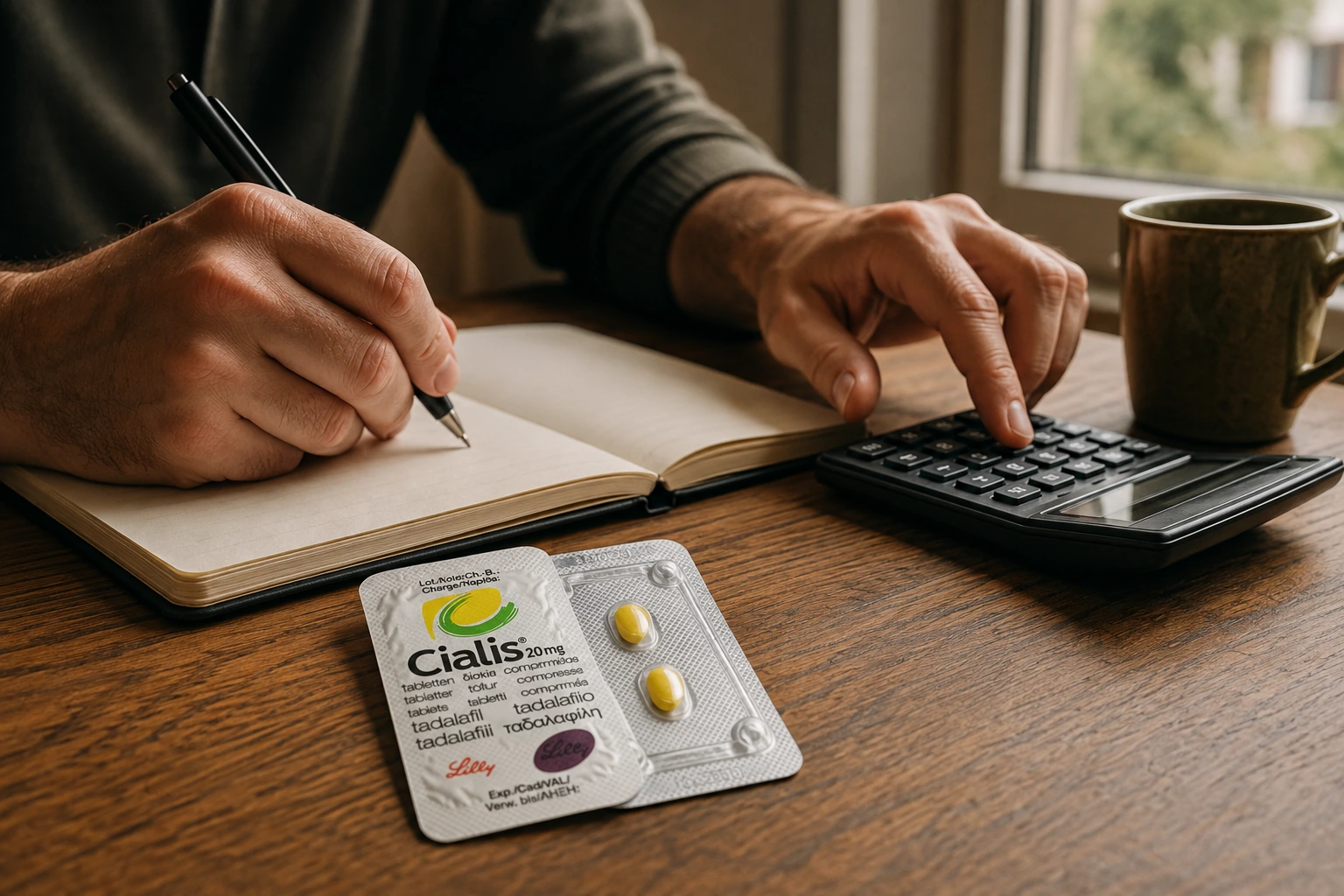 Cialis blister beside a notebook and calculator