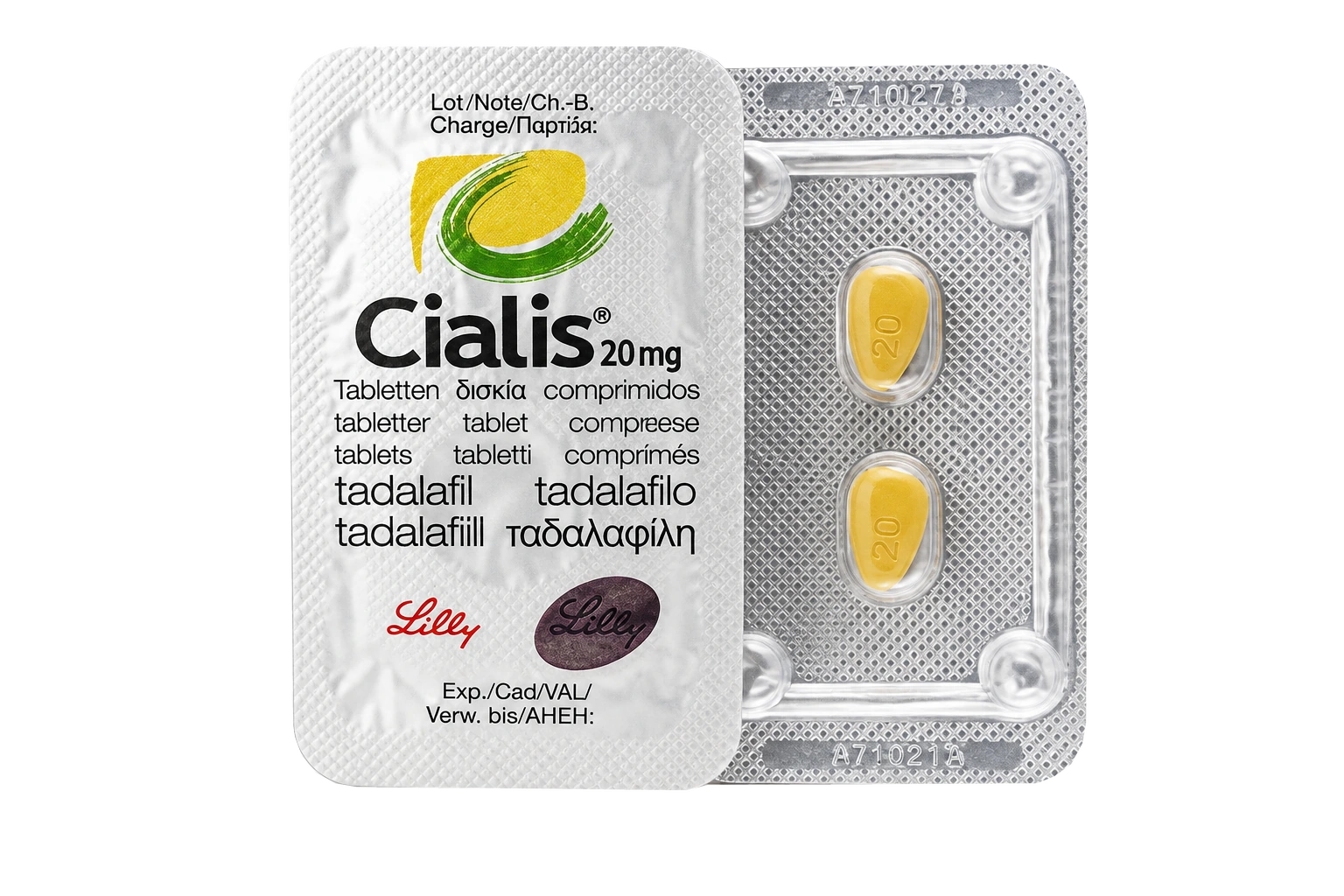 Cialis 20 mg silver blister packaging and yellow tablets