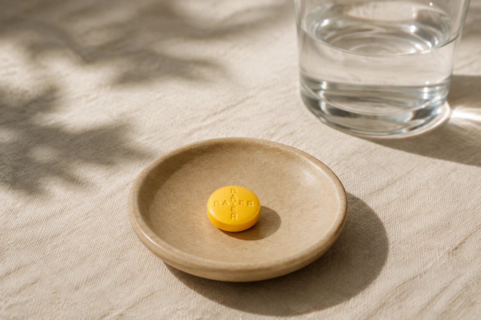 A golden Bayer-marked tablet on a small ceramic dish beside water