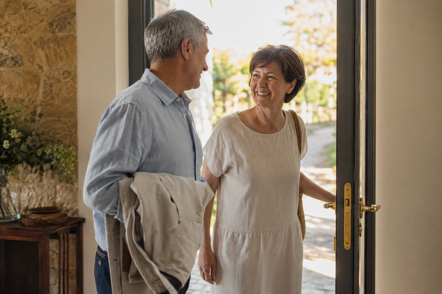 A couple returning home together after a sunny walk
