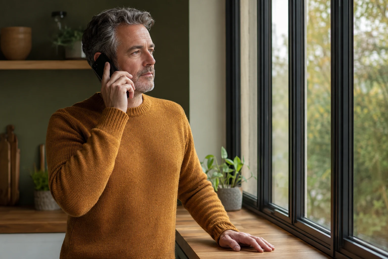 A man in an ochre sweater listens to a phone conversation beside a kitchen window