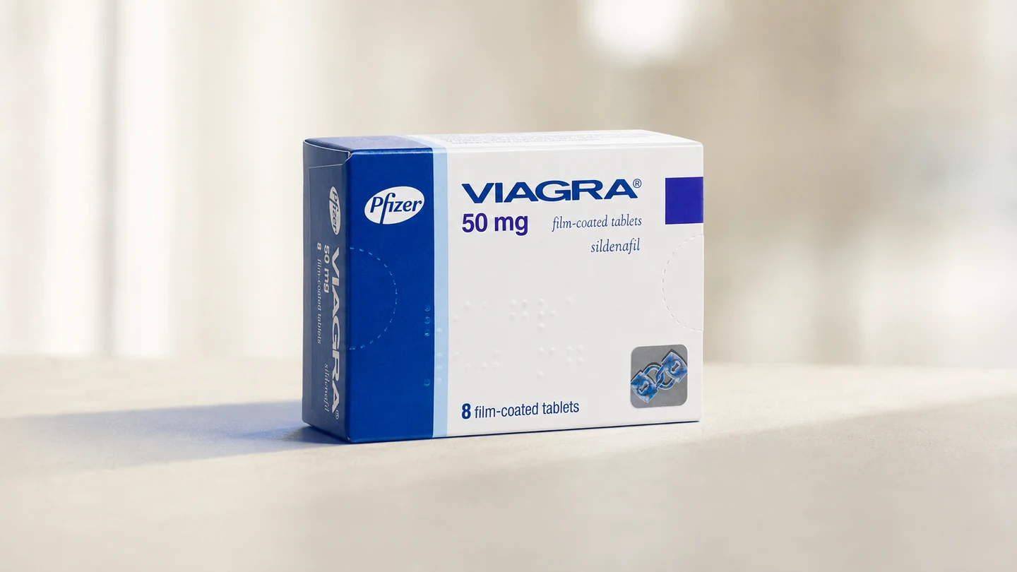 Viagra 50 mg blue and white carton on a light surface
