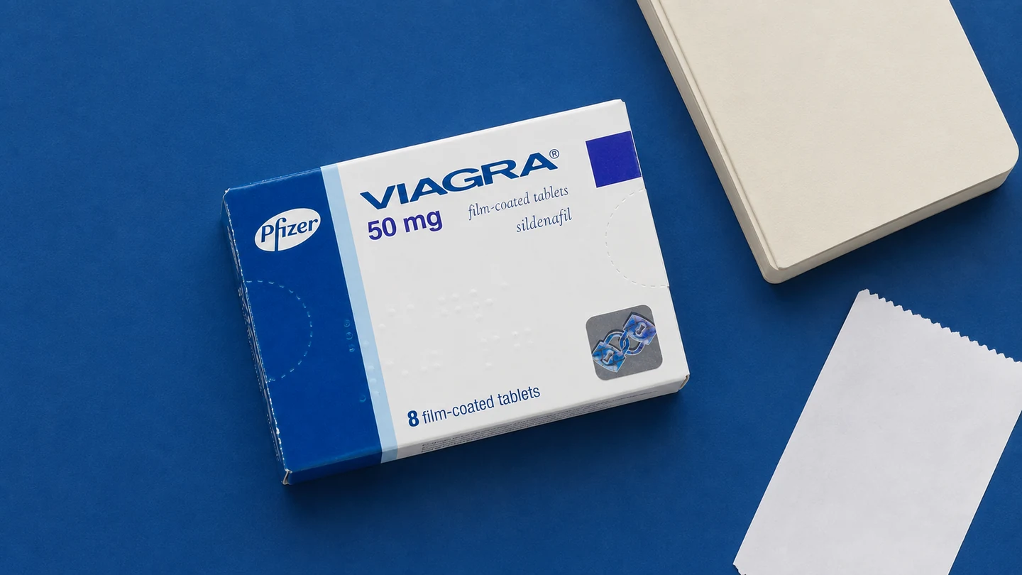 Viagra 50 mg carton beside a notebook for pack cost comparison