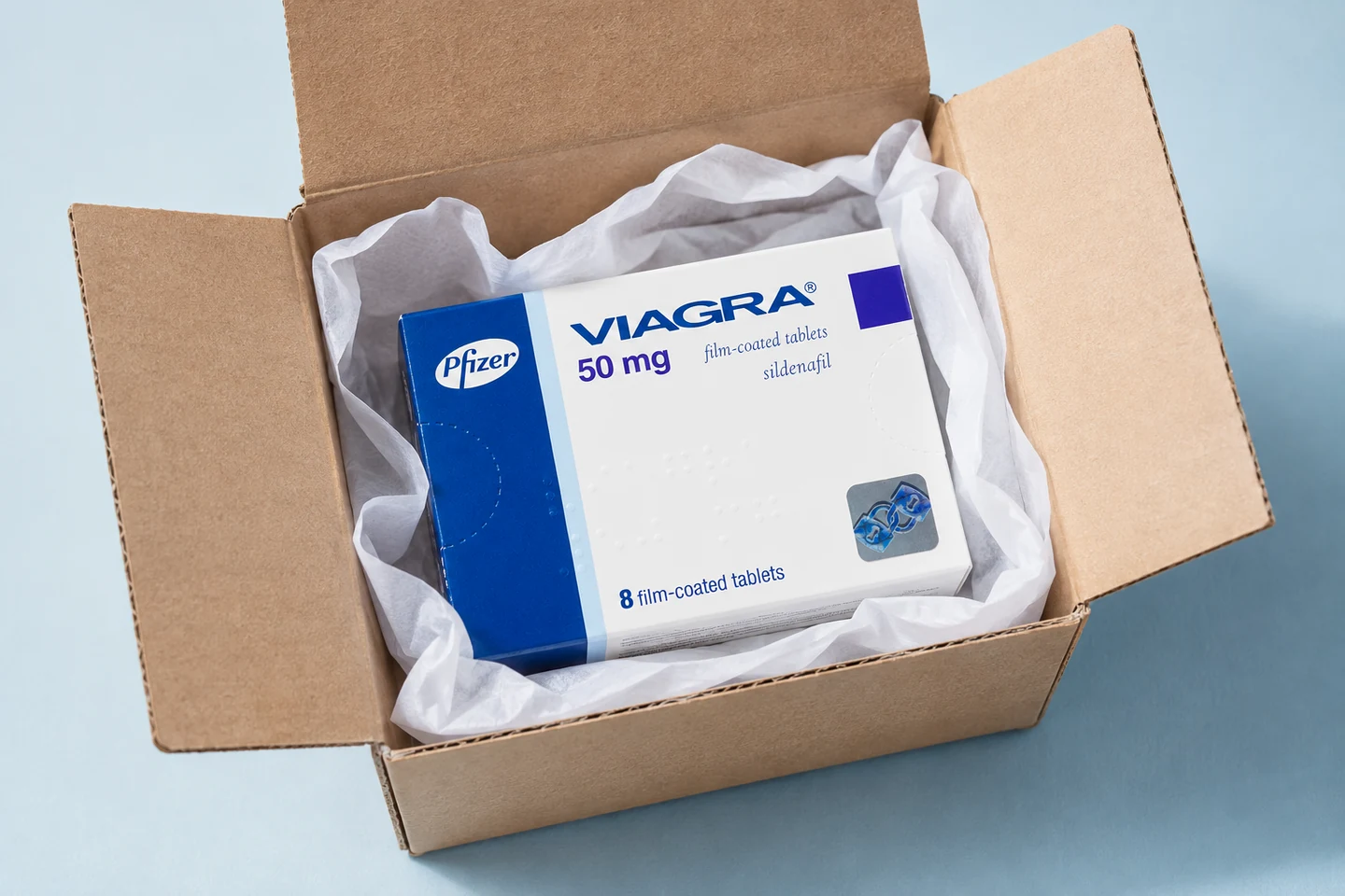 Viagra 50 mg carton inside an open delivery box