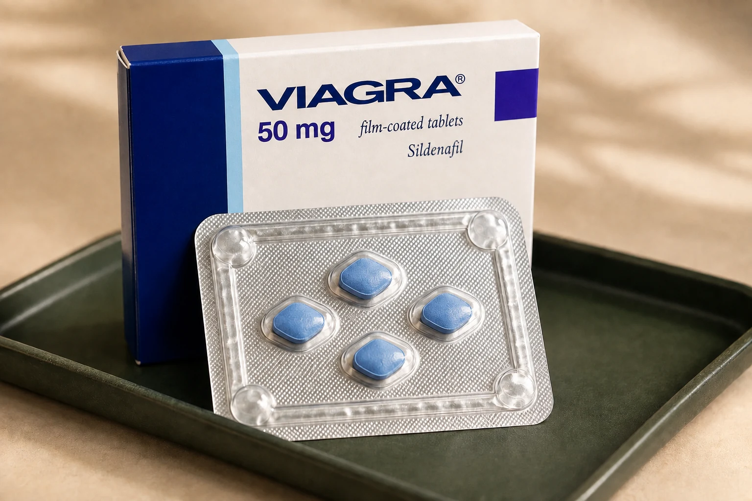 A Viagra 50 mg carton and an intact four-tablet blister on a dark green tray
