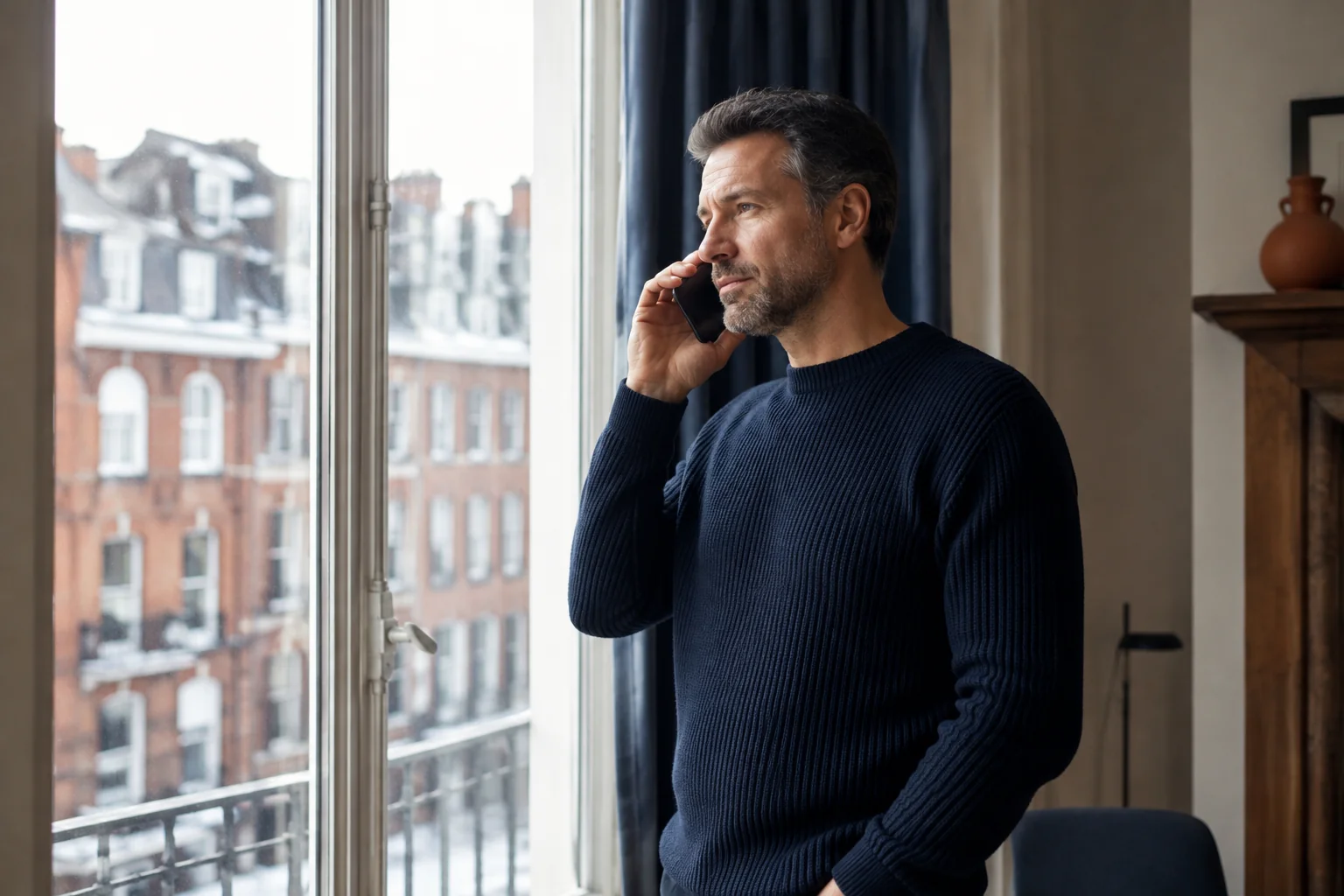 Man having a private telephone conversation beside an apartment window