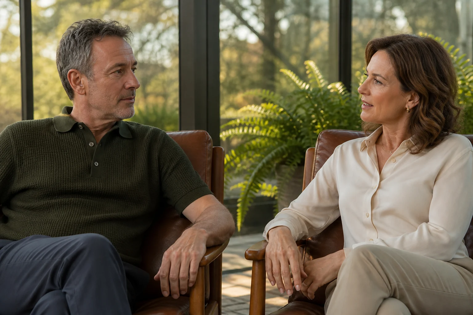 A mature couple having a quiet conversation in separate armchairs in a sunlit conservatory