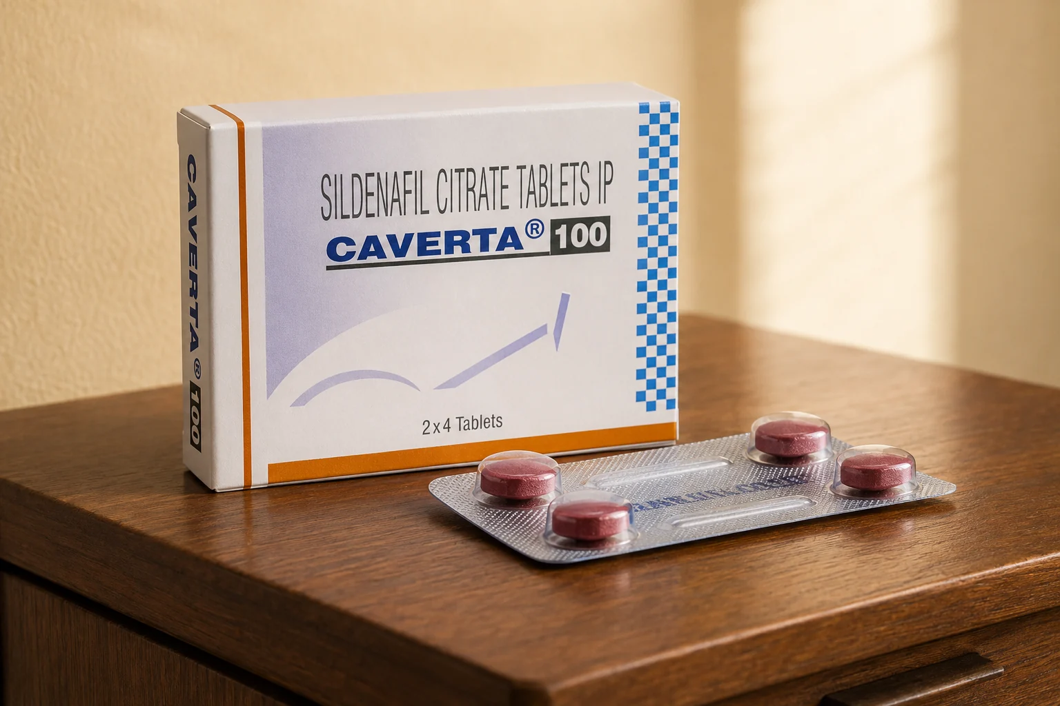 Caverta 100 carton beside an intact four-tablet blister on a wooden cabinet.