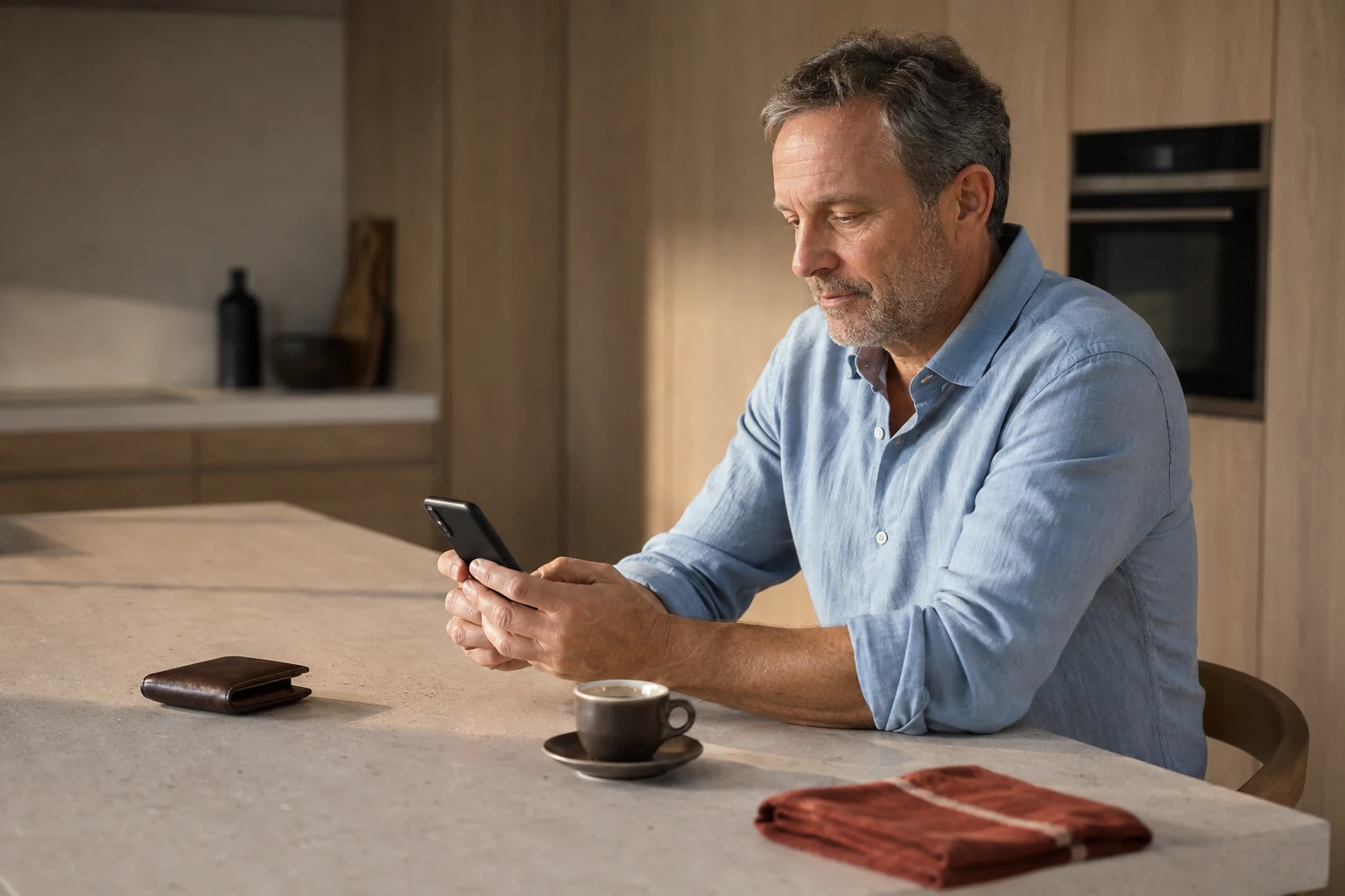 Man reviewing his phone at a kitchen island beside a closed wallet and espresso