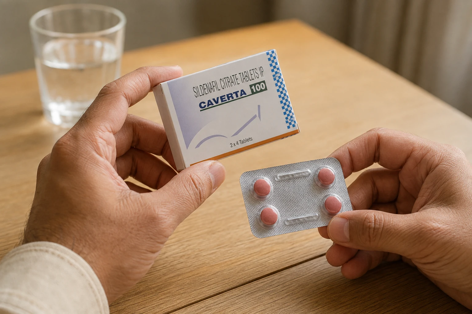Hands hold a Caverta 100 carton and a sealed blister containing four pink tablets beside a glass of water