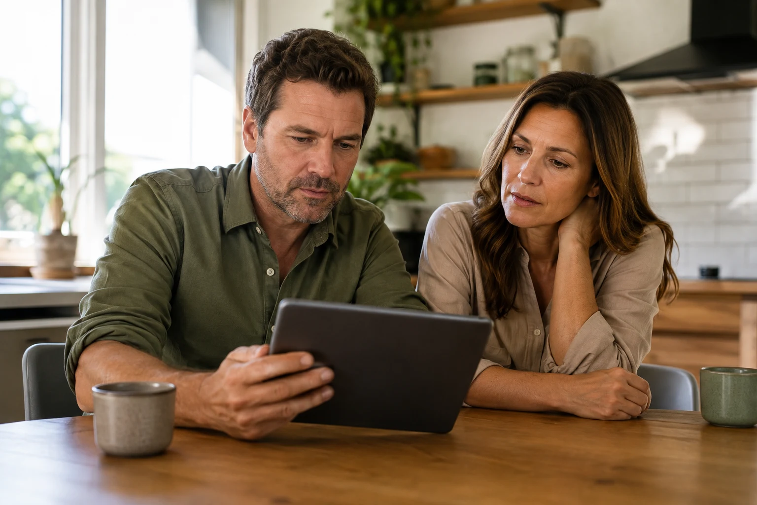Couple comparing choices on a tablet at home