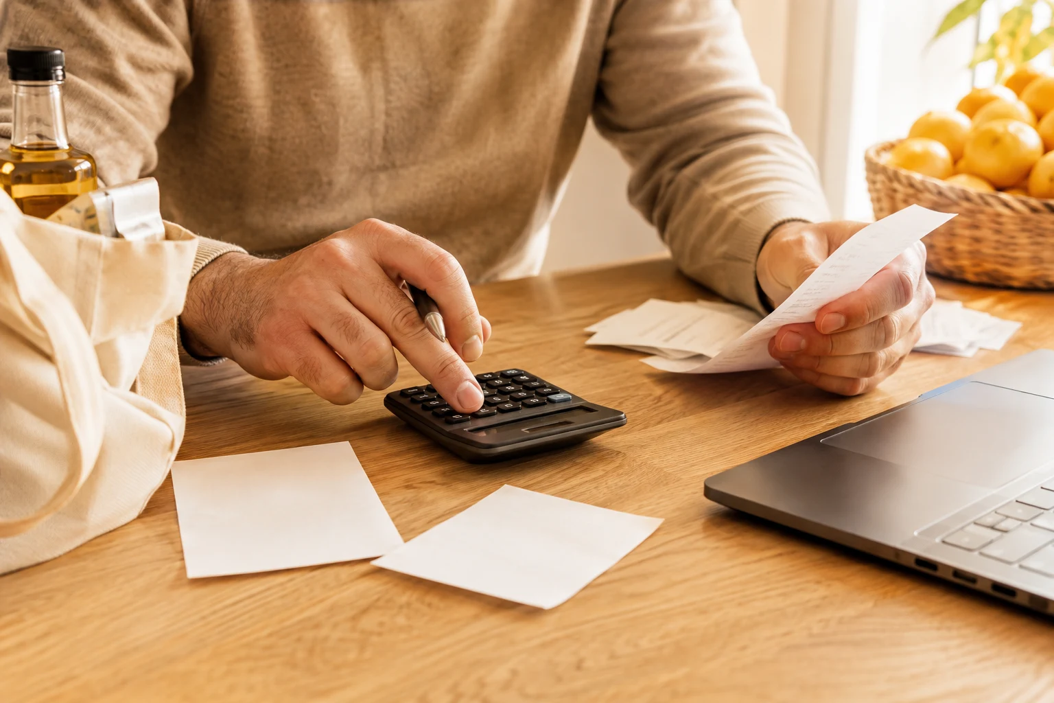 Man comparing purchase totals with a calculator