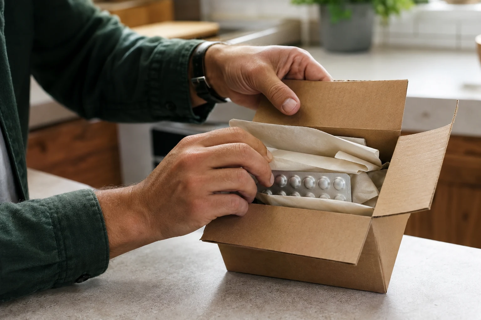 Hands opening a plain delivery carton with a sealed blister