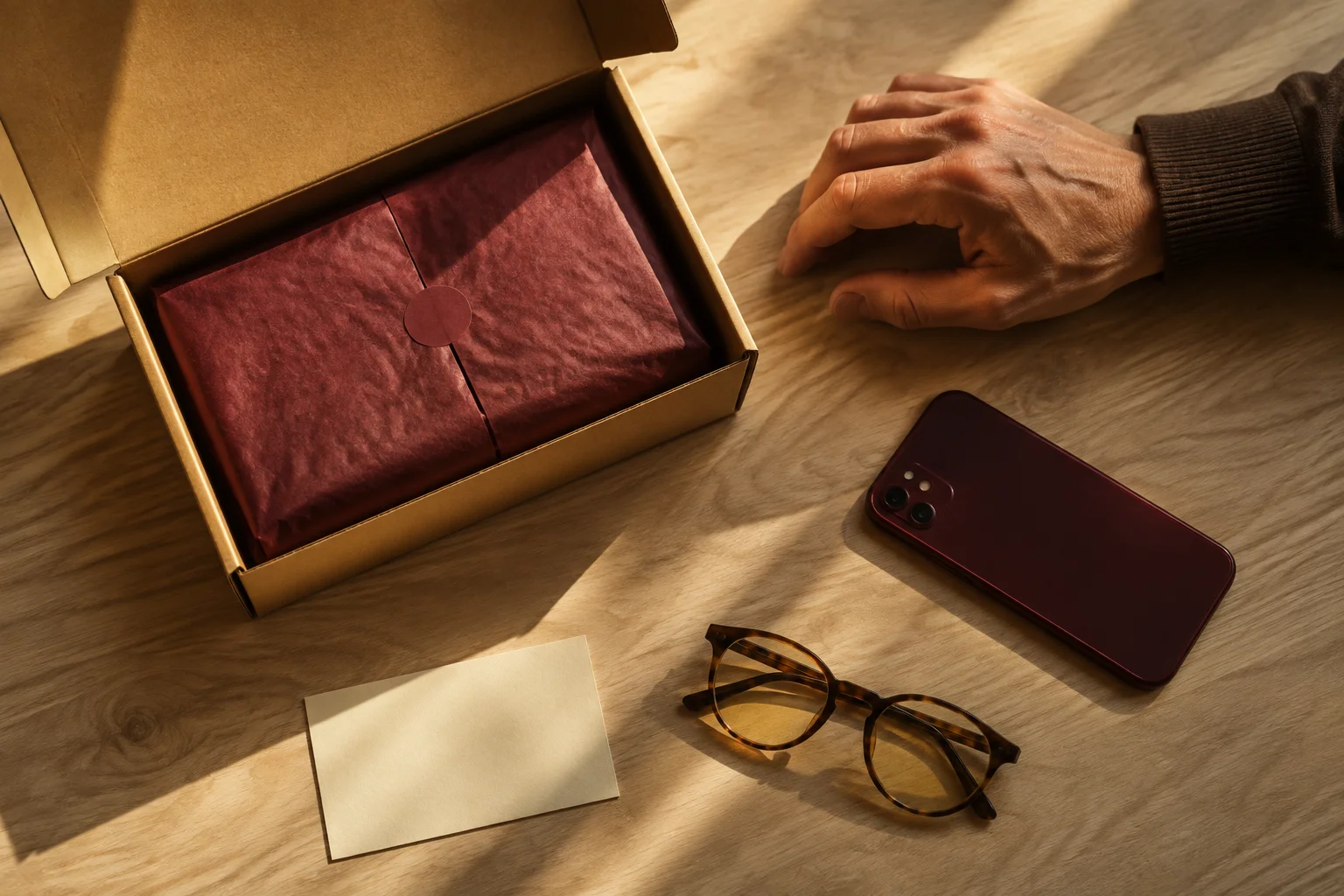 Open kraft parcel with burgundy tissue, a phone and reading glasses on a sunlit wooden table