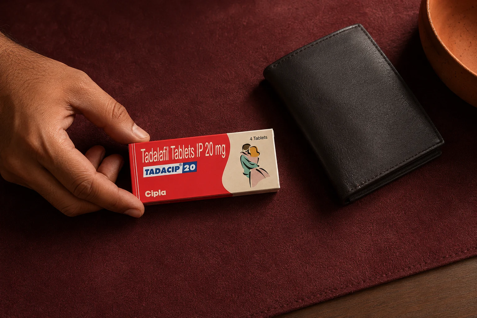 A hand holding a Tadacip 20 carton beside a closed leather wallet on a burgundy desk mat