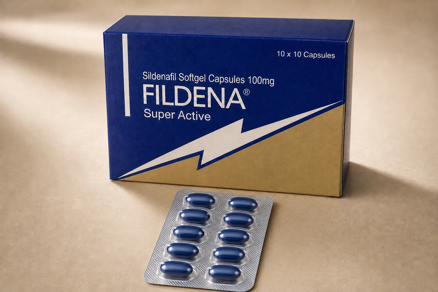 A Fildena Super Active 100 mg carton behind a sealed blister containing ten blue softgel capsules