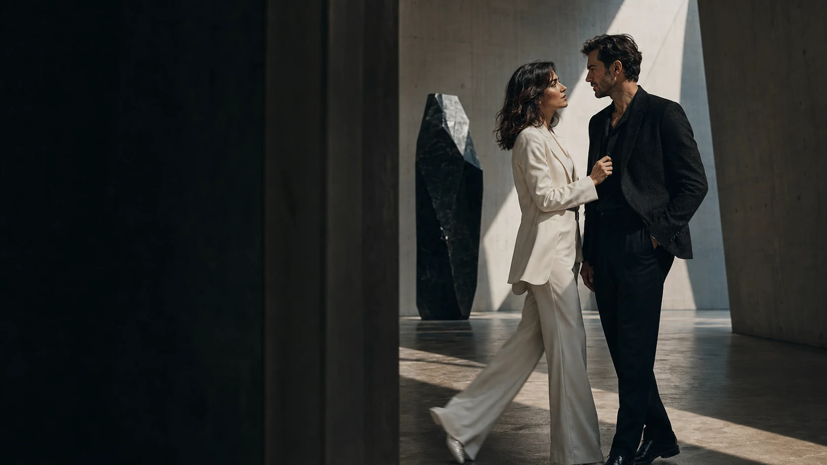 A stylish couple meeting in a sunlit concrete gallery
