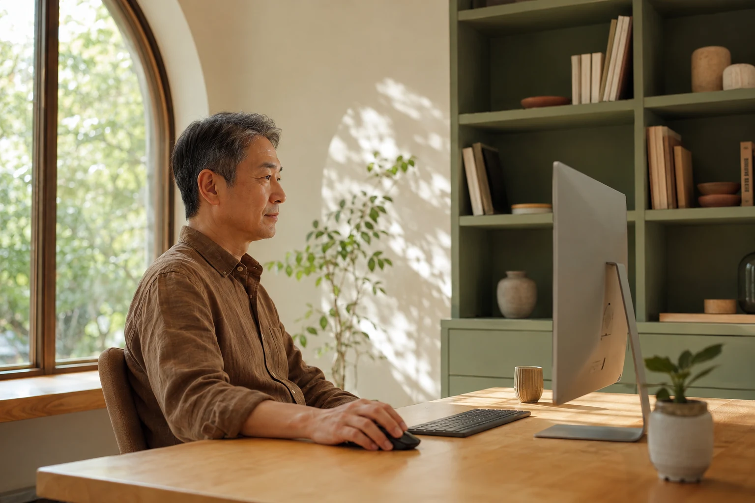 An adult man uses a desktop computer in a bright home study with olive shelving.