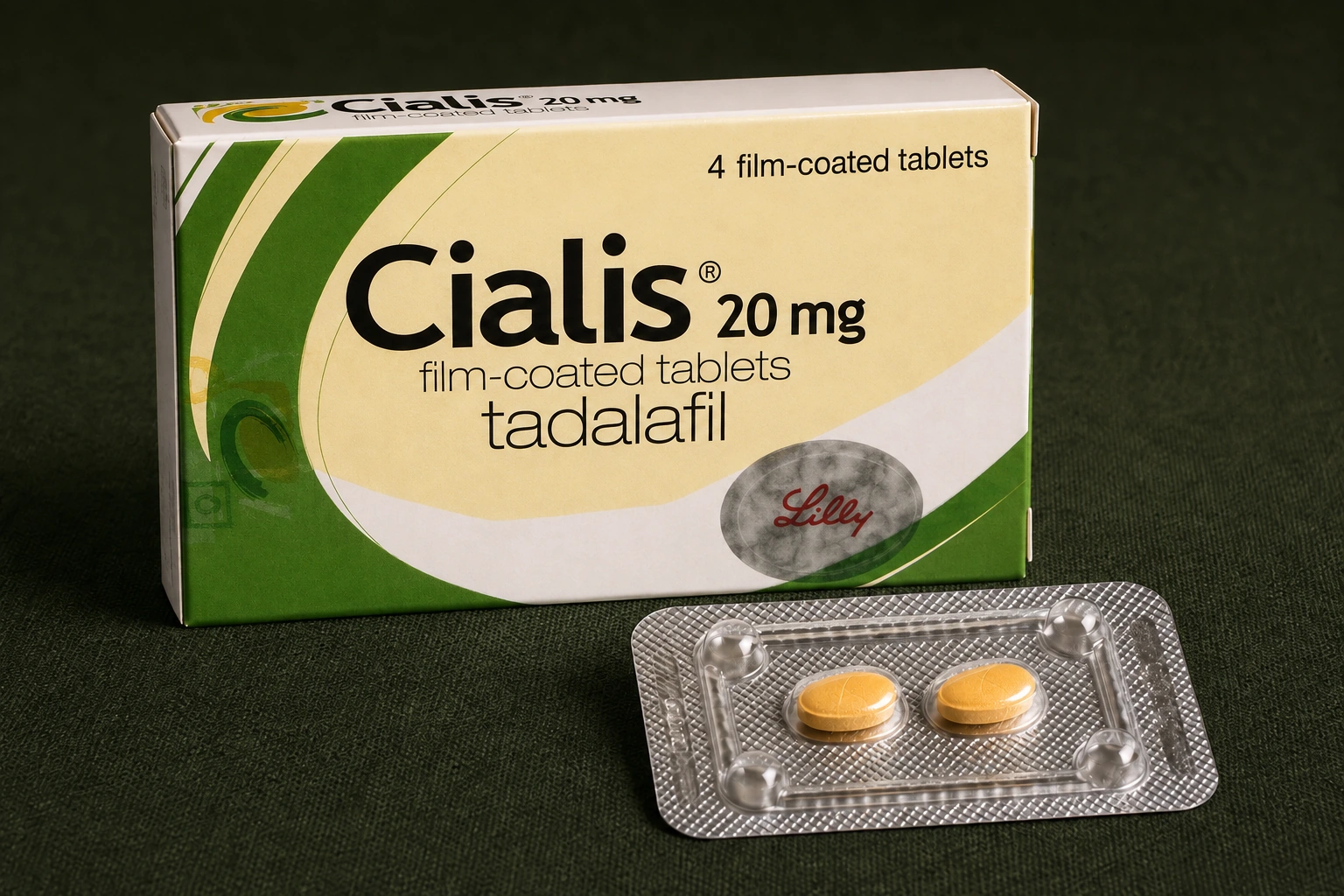 Cialis 20 mg carton and a two-tablet blister on dark green linen