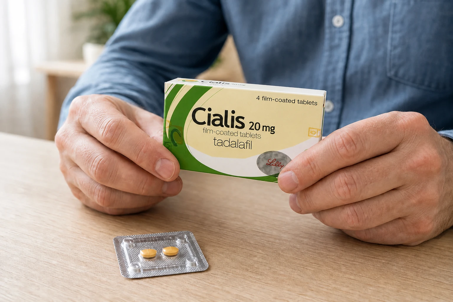 Man checking the Cialis 20 mg label while holding the carton at a table