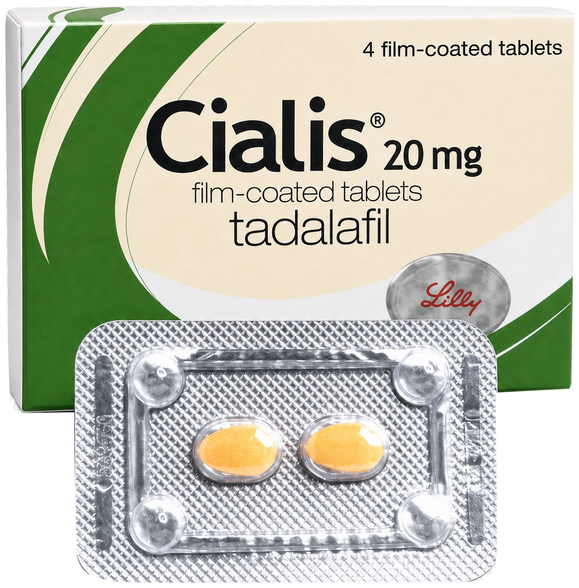 Cialis 20 mg carton and two-tablet blister on transparent background