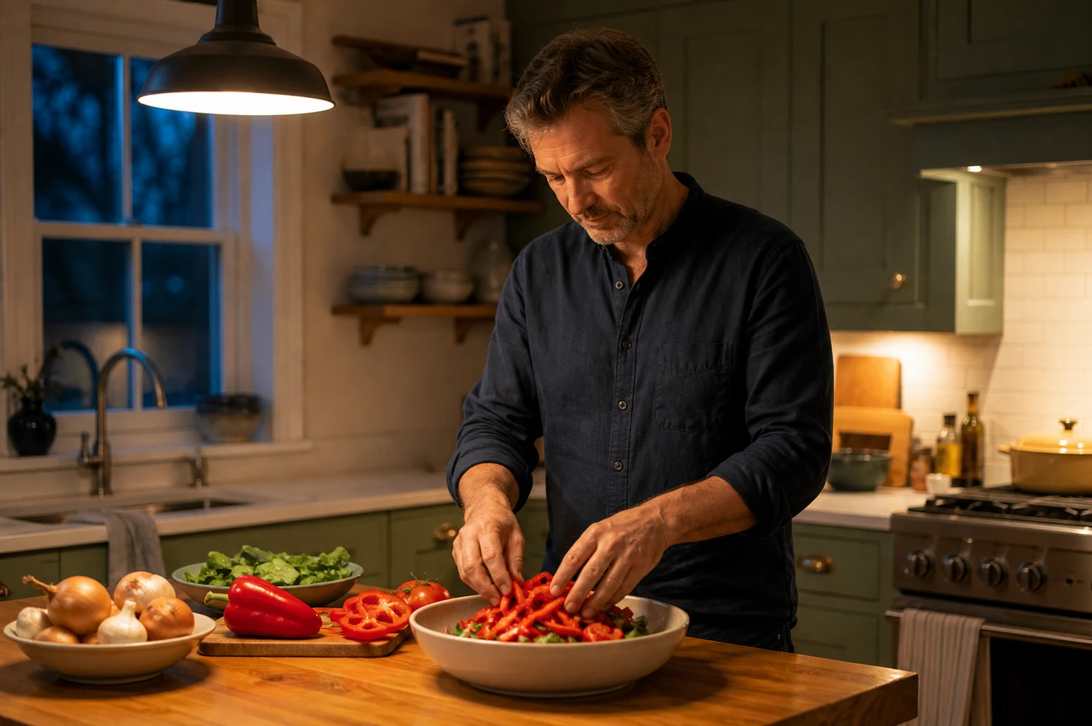 An adult man prepares vegetables for dinner in a warmly lit home kitchen.