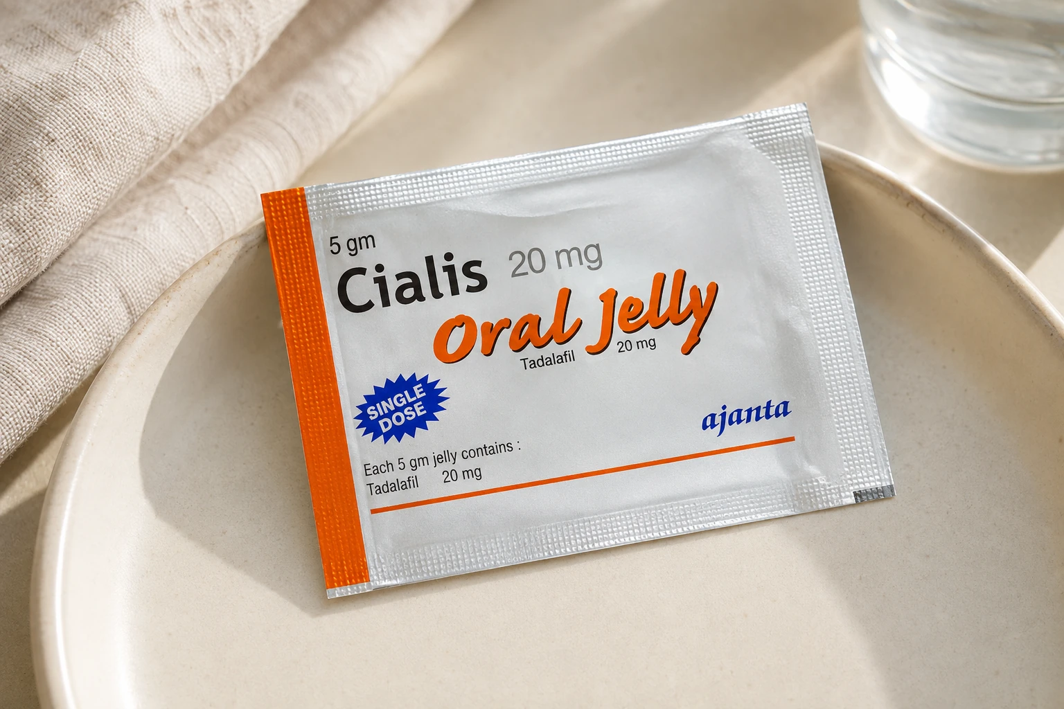 Cialis Oral Jelly sachet resting on an ivory ceramic tray